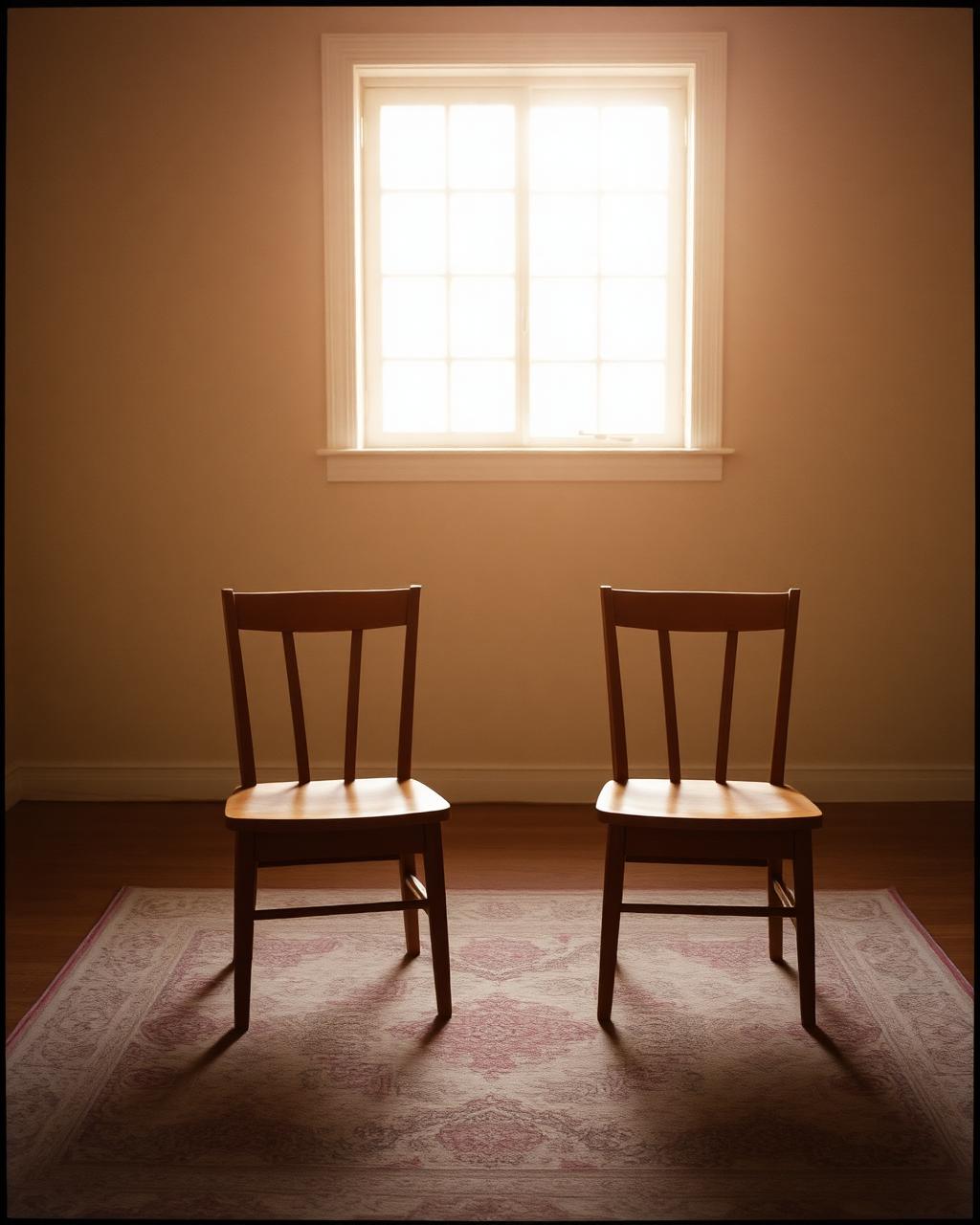 Two empty wooden chairs facing each other in a sunlit room.